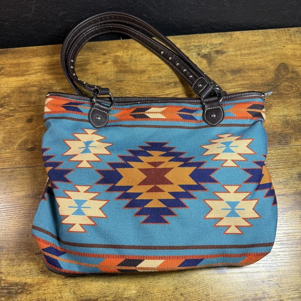 Montana West Aztec Southwestern Blue Orange Canvas‎ Tote Bag Women Large